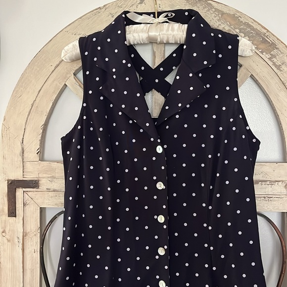 Vintage Navy and White Polka Dot Button Down Sleeveless Sheri Martin Midi Dress - Picture 2 of 10
